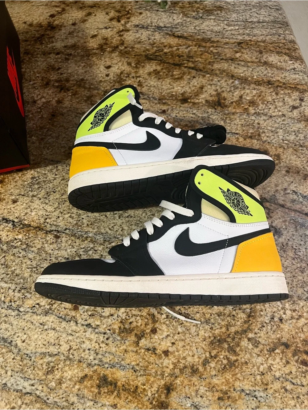 Jordan High-Top Sneakers in White, Black, Yellow & Neon Green
